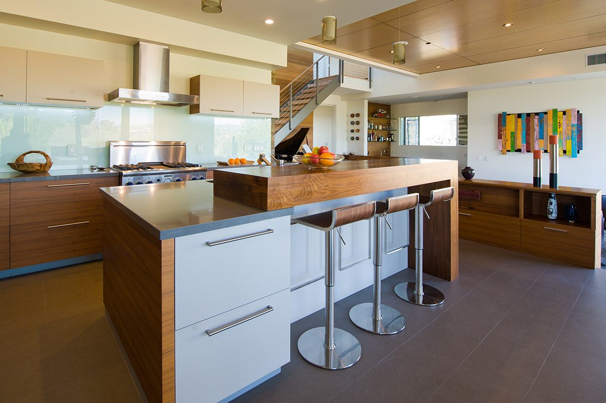 Modern kitchen with wood cabinets and island